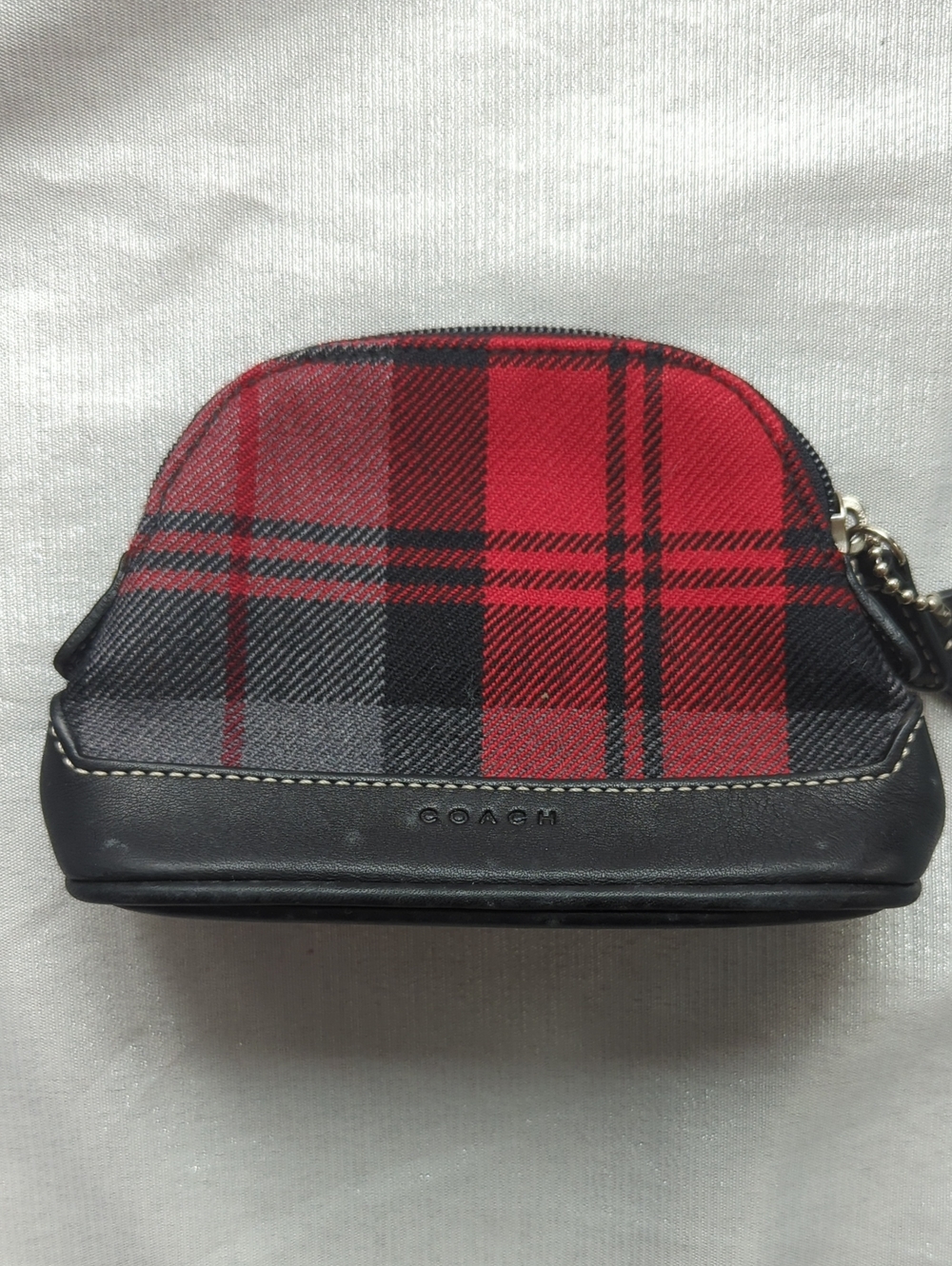 Coach Red and Black Plaid Leather Trim Cosmetic Pouch